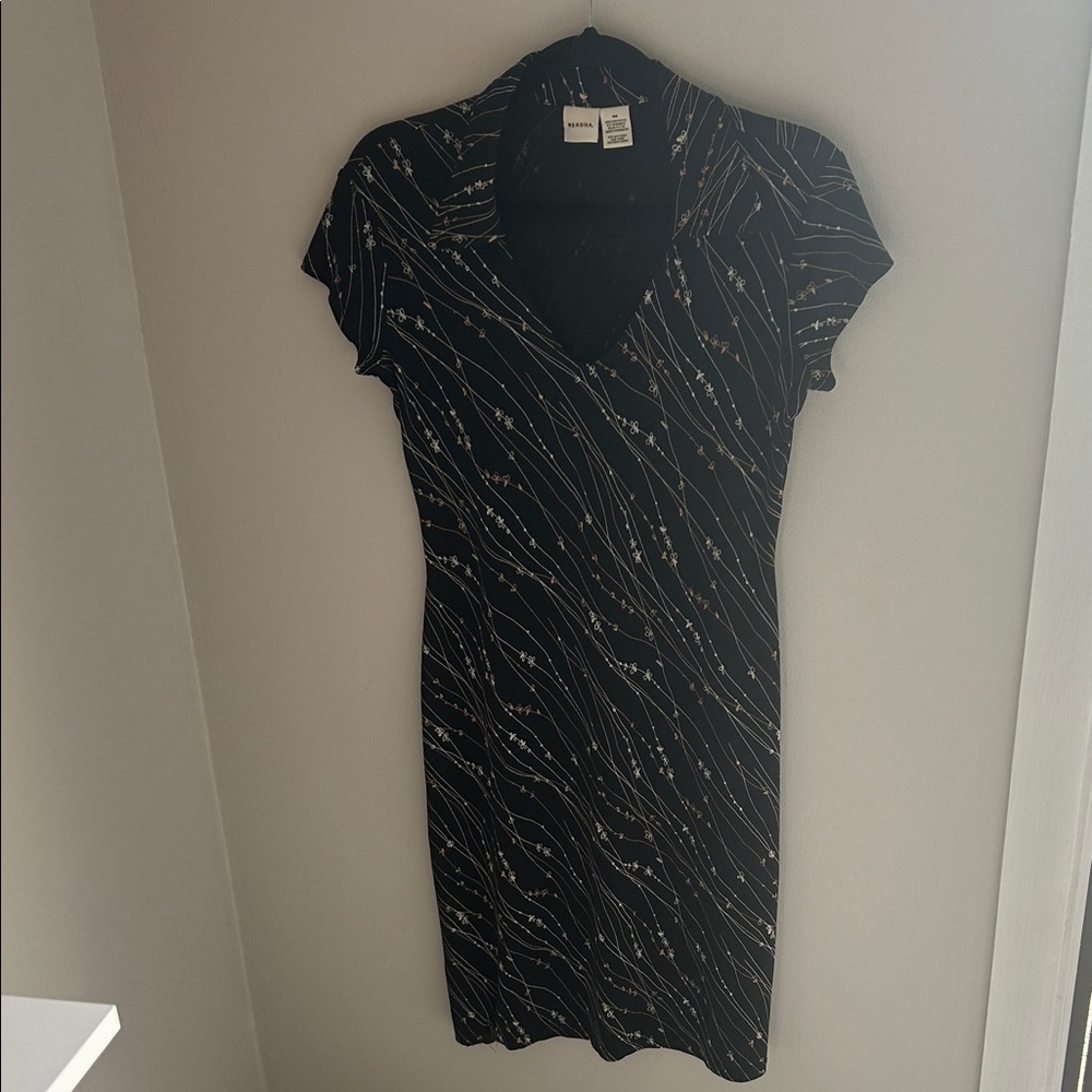 V-Neck Midi Dress with Subtle Floral Stripes